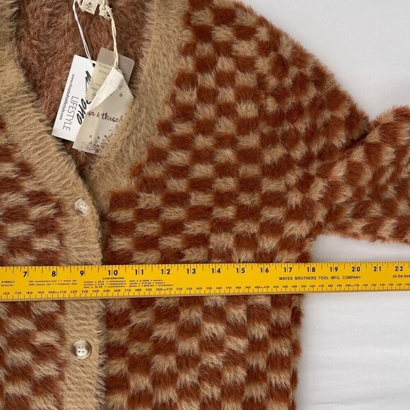 Hem & Thread Checkered Fuzzy Button Cardigan Sweater Balloon Sleeves Women M NWT - Picture 10 of 12